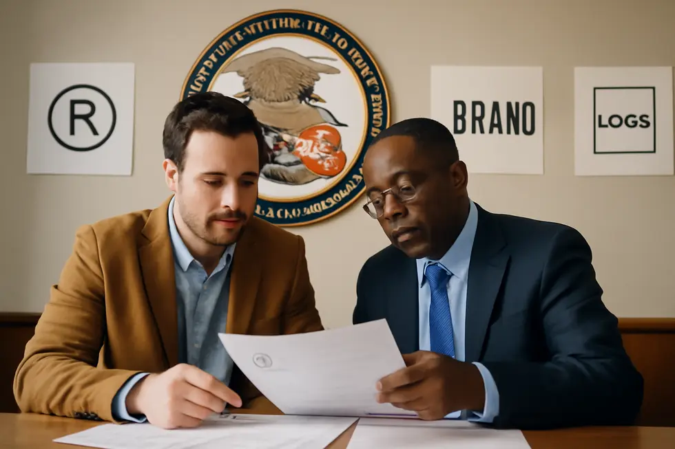 A business owner consulting trademark registration documents with USPTO representation to understand trademark eligibility.