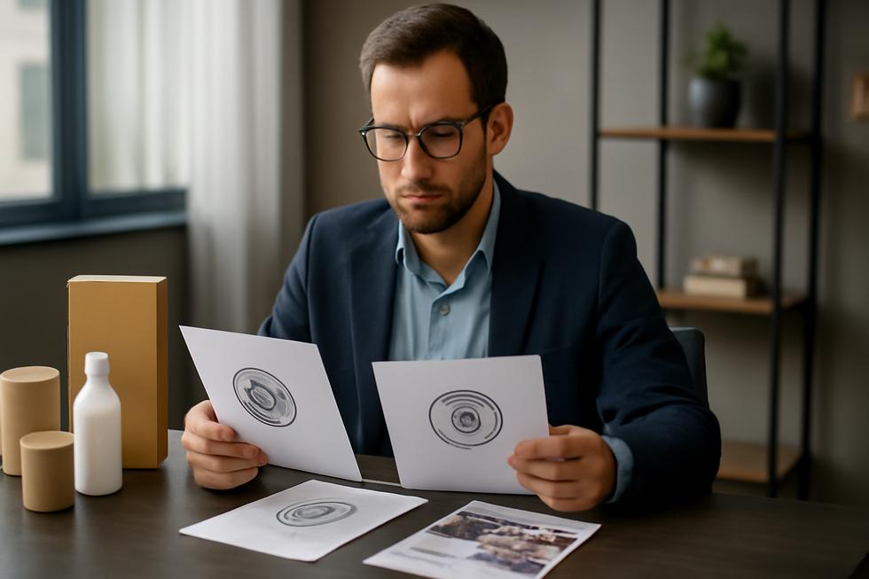 Business owner at a modern desk examining trademark and service mark paperwork alongside products and service brochures.
