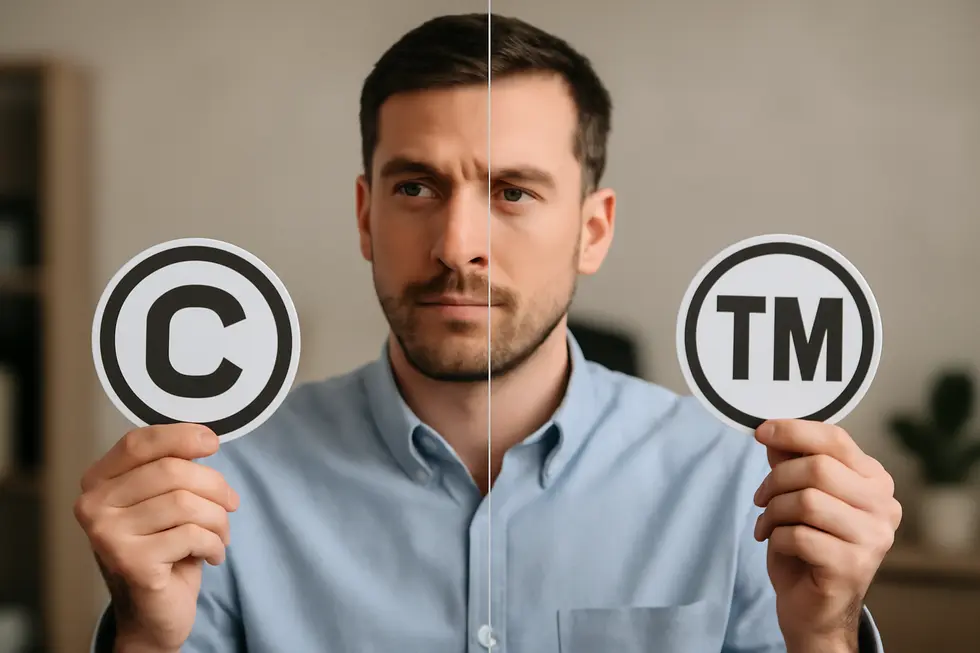 Visual comparison of copyright and trademark symbols representing their distinct roles in protecting company names.