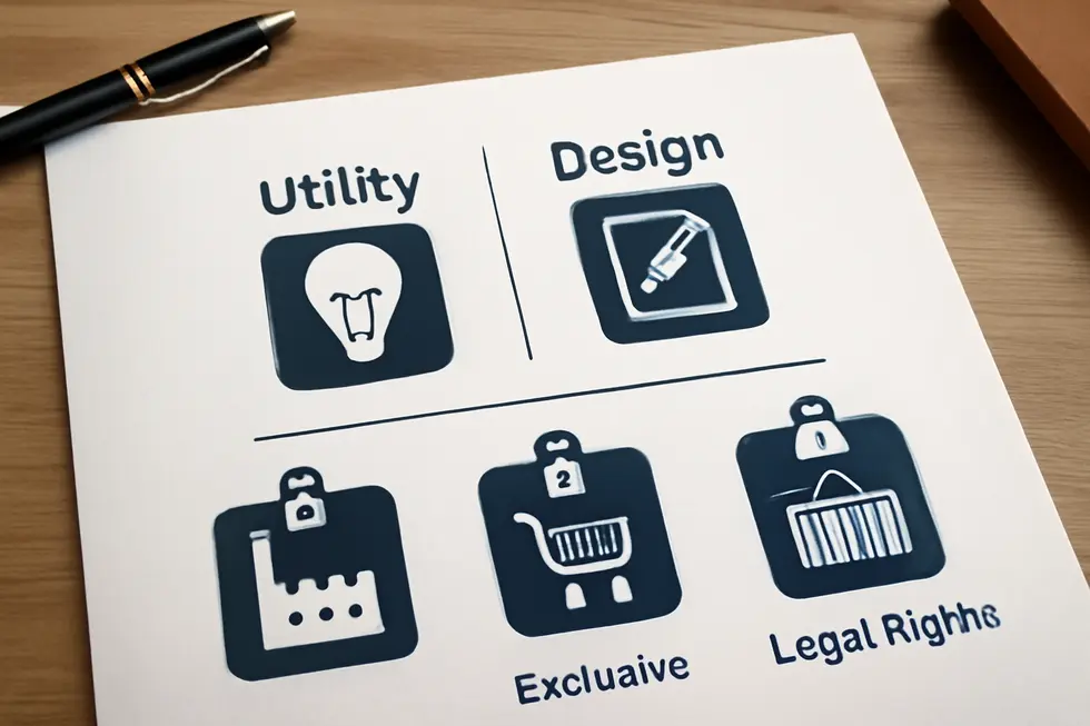 A business owner submitting a detailed patent application as examiners review technical diagrams and documents at a patent office.