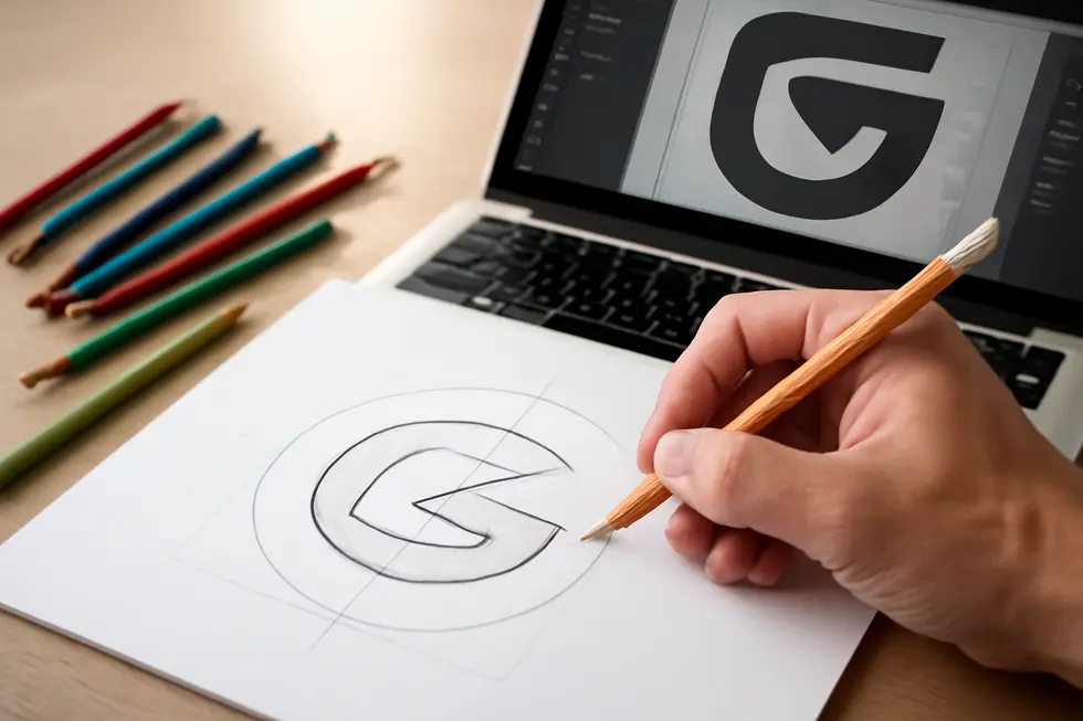 Creative process of designing a logo emphasizing copyright’s role in protecting original artwork.