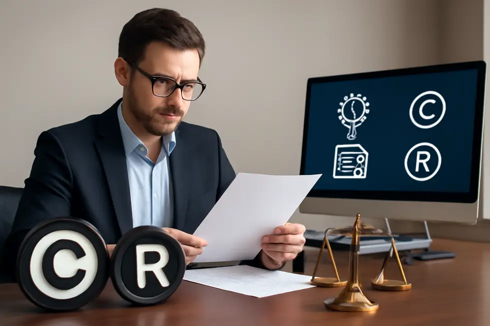 Business owner examining copyright and trademark concepts with legal symbols and documents.