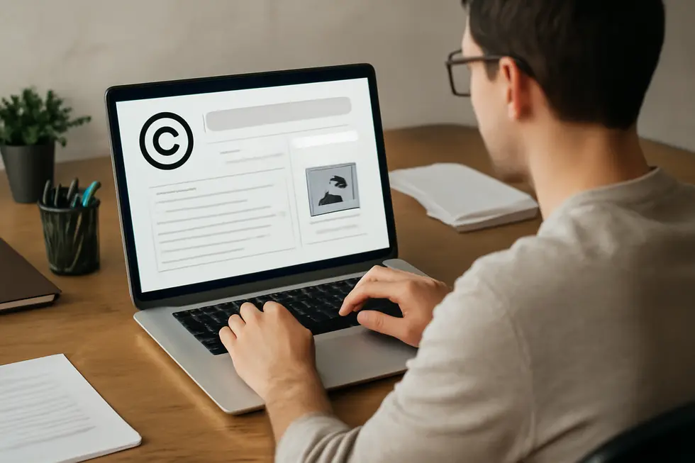 Business owner navigating the U.S. Copyright Office website to begin the logo copyright registration process.