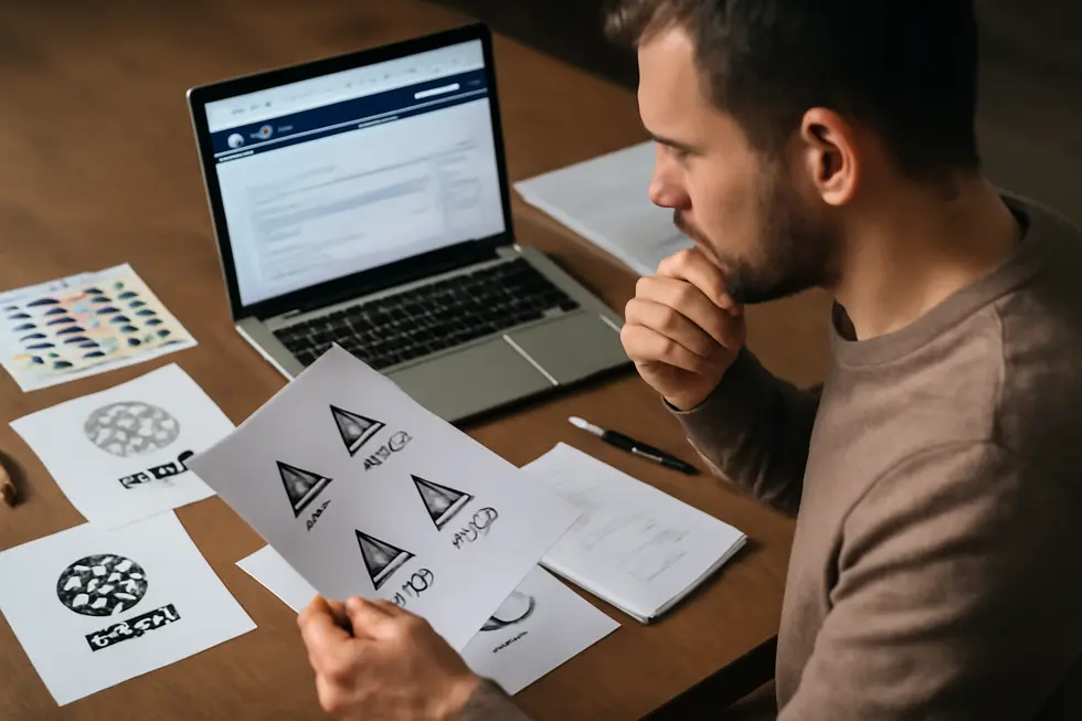 Business owner weighing the decision to trademark a logo, highlighting the consideration of legal protection.