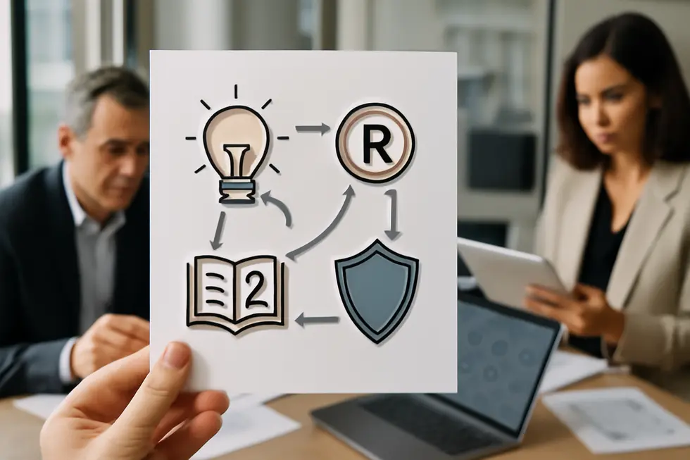 Visual breakdown of the four main types of intellectual property with business owners analyzing their assets.