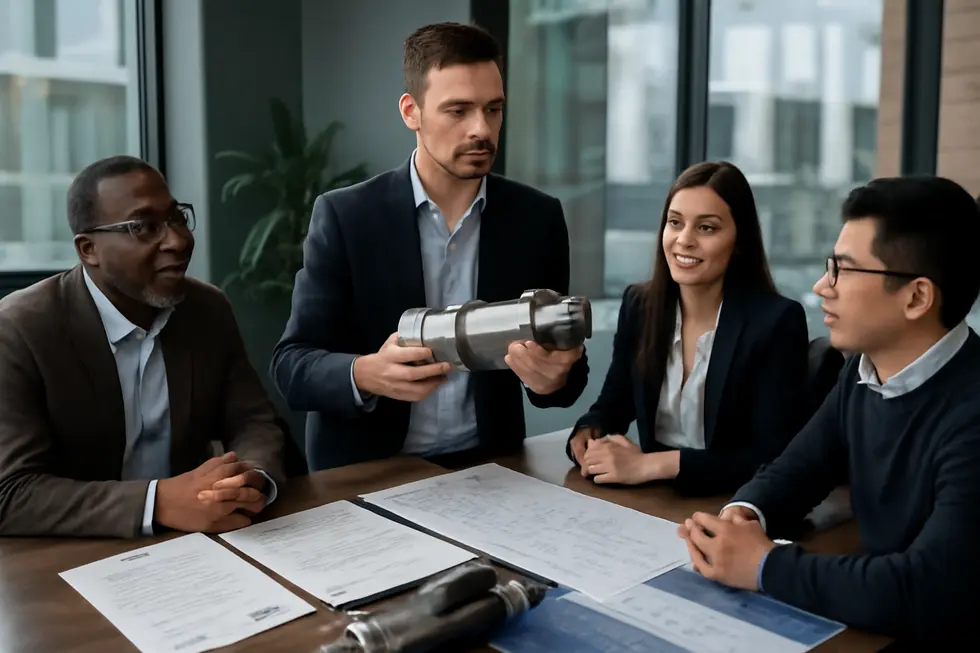 Business team reviewing an innovative invention alongside patent documentation, illustrating the importance of patent protection.