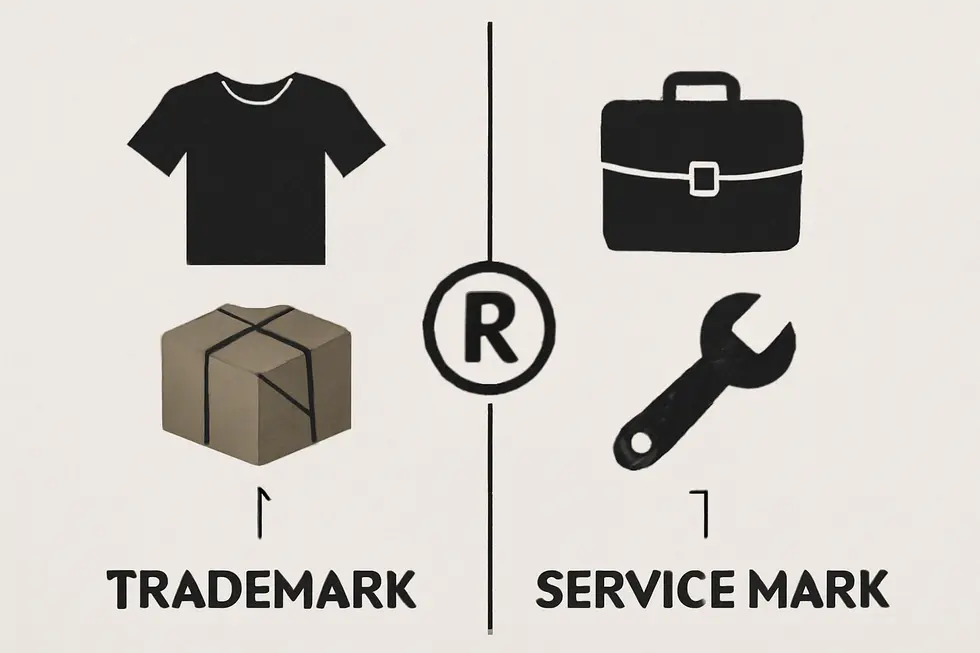 Visual comparison highlighting trademarks for goods versus service marks for services.