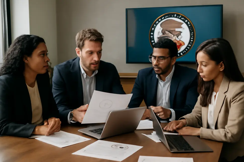 Business professionals researching the trademark application process to protect a slogan.
