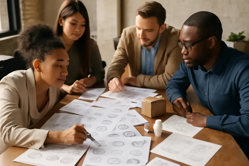 A collaborative team developing unique brand elements that illustrate the core functions of trademarks.