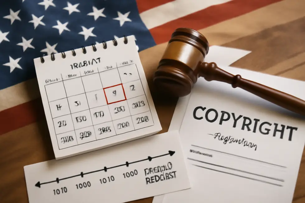 Illustration of a business owner evaluating the legal scope and timeline of copyright protection.