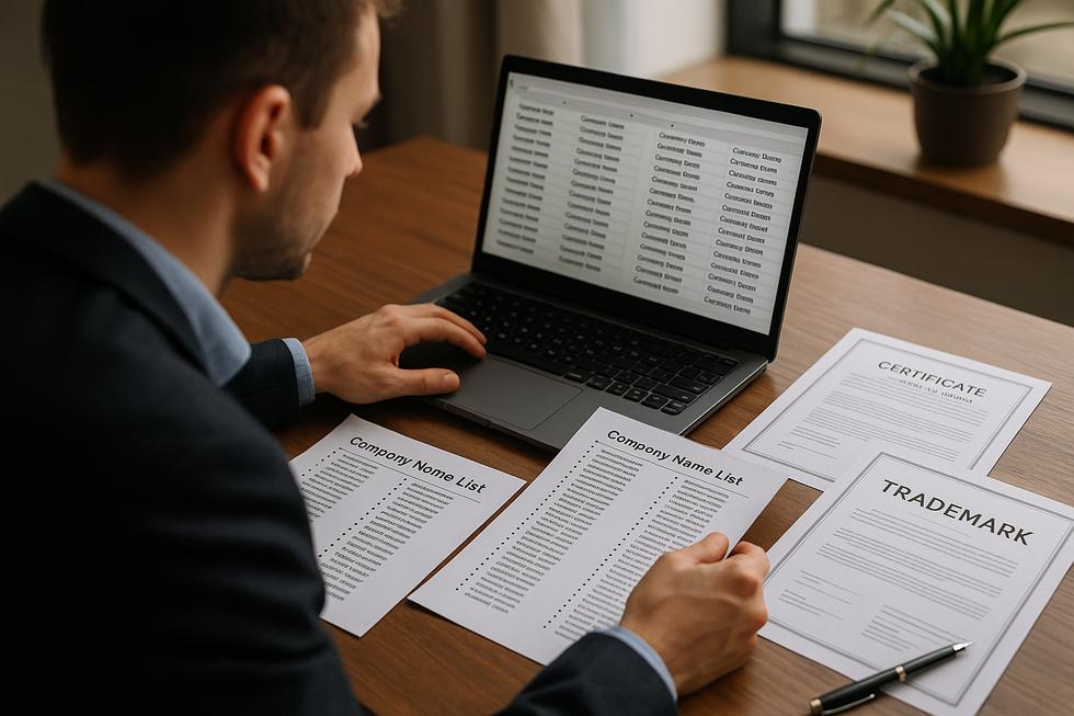 Entrepreneur reviewing company names on a laptop with trademark certificates and registration forms spread on a desk.