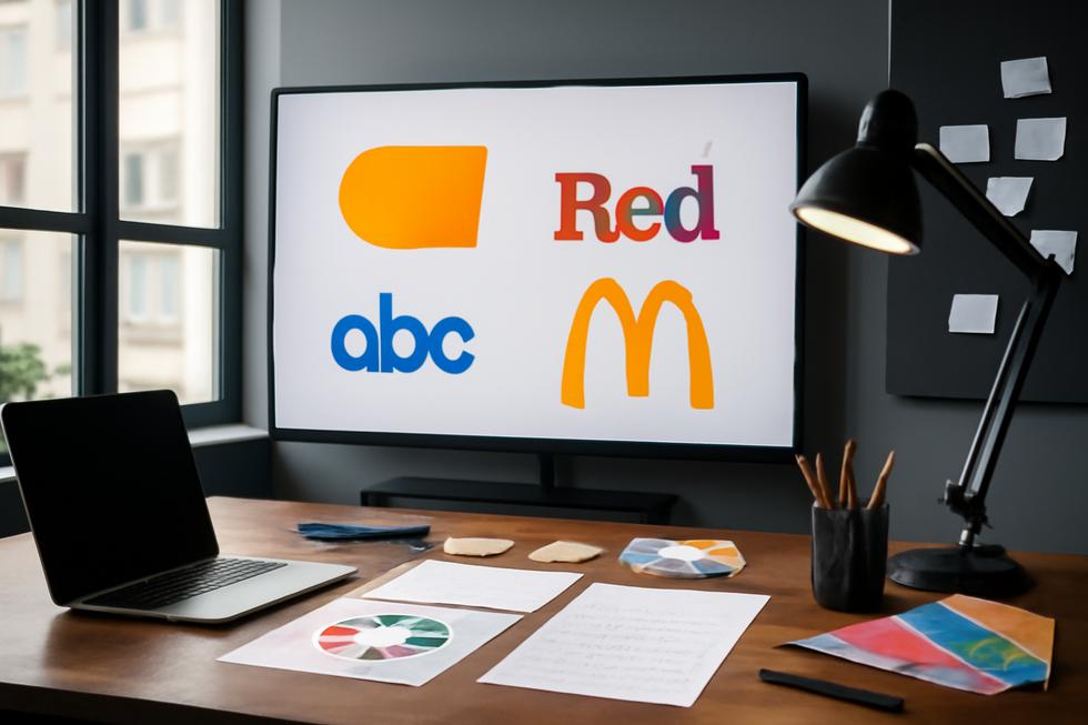 A bright branding studio with a digital screen showing famous wordmark logos and design sketches, symbolizing professional logo creation.