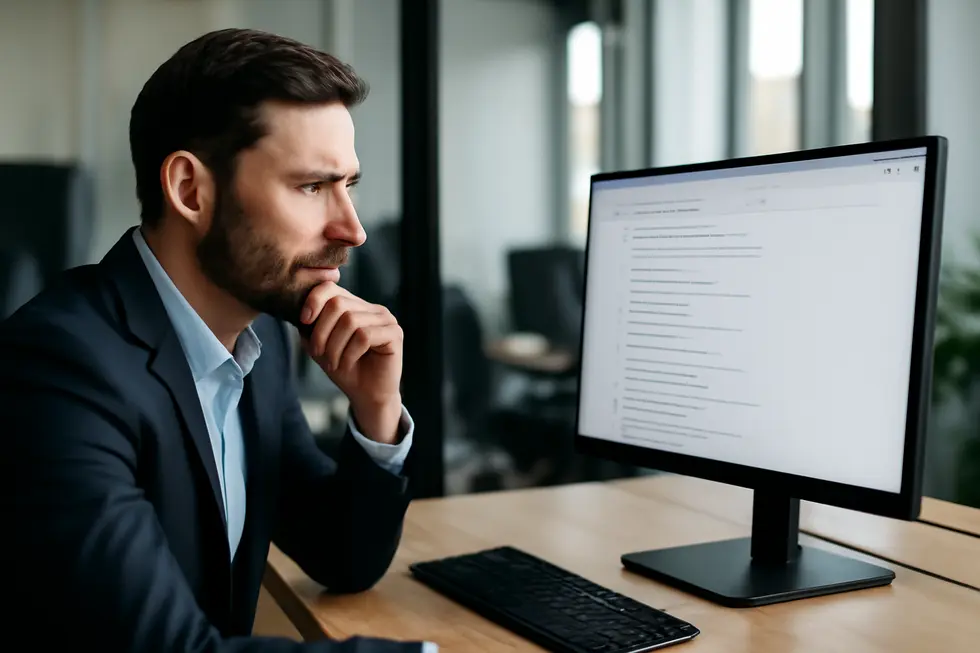 Business owner encountering a lack of credible online data about Trademark Genius, highlighting verification challenges.