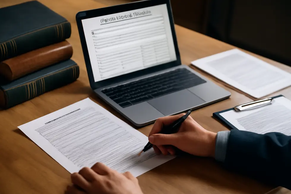 Business professional conducting a trademark search.