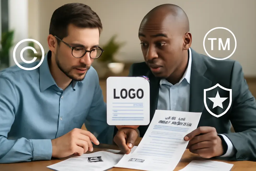 An original logo design being crafted and symbolically protected by copyright.