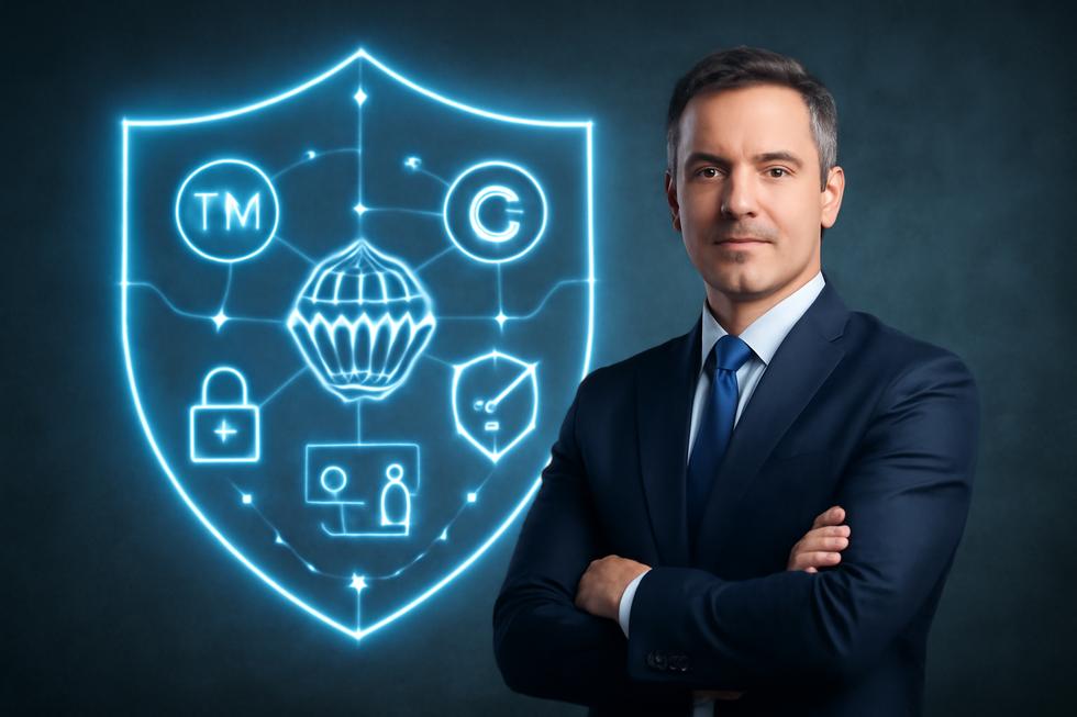 Business owner standing in front of a glowing digital shield made of intellectual property and cybersecurity symbols.