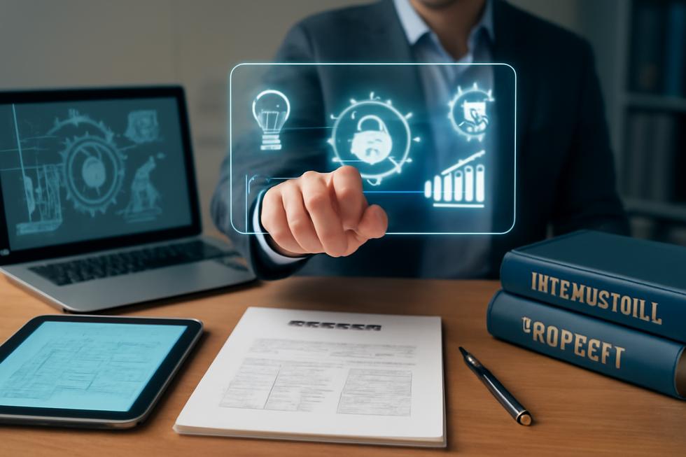 Innovative business workspace with patent documents, digital schematics, and a businessperson interacting with virtual patent rights interface.