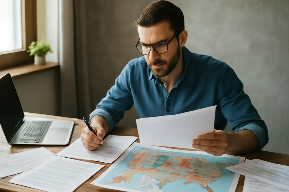 A workspace filled with documents and maps as a business owner plans for business name protection across states.