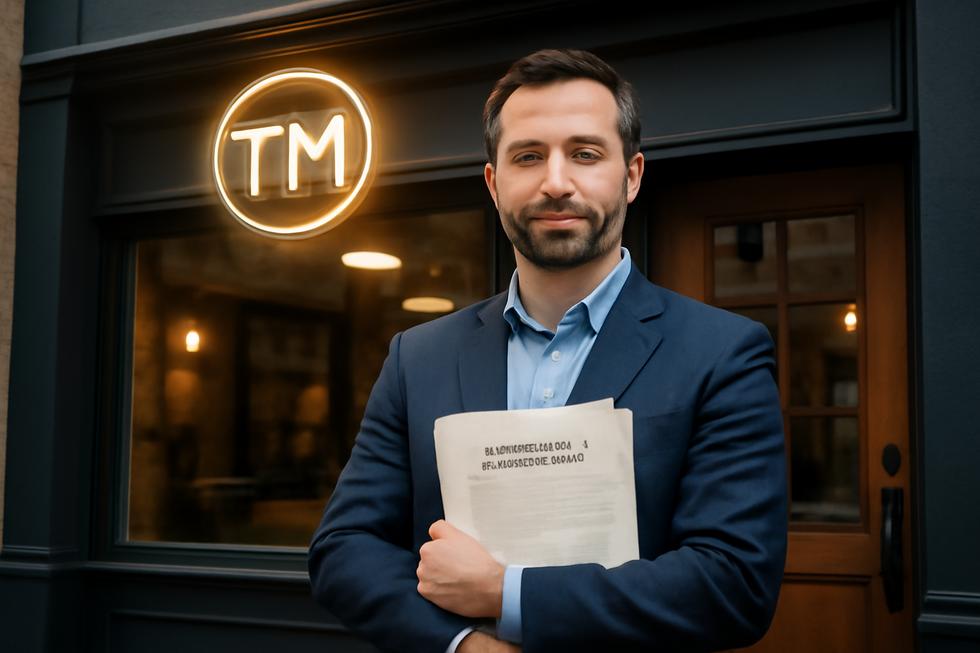 Confident business owner standing in front of storefront holding trademark documents with glowing brand logo above.