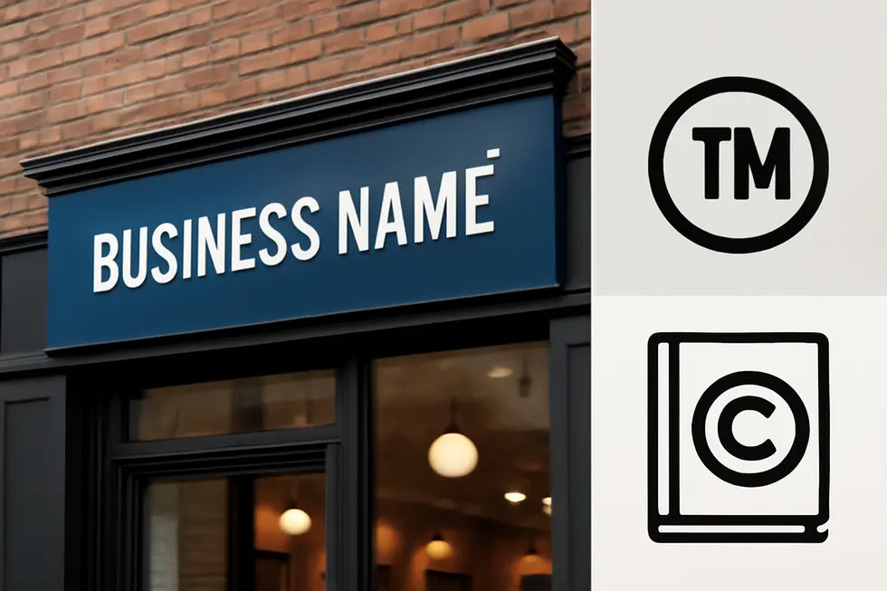 Visual comparison showing a business name protected by trademark versus creative works protected by copyright.