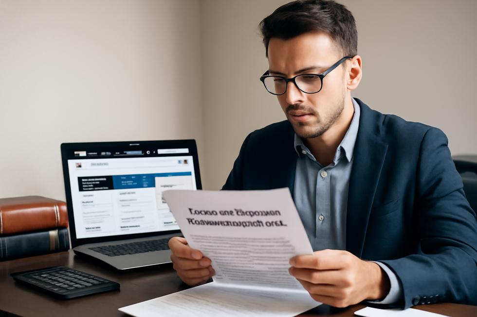 Business owner at desk reviewing documents and official registration websites for business trading names.