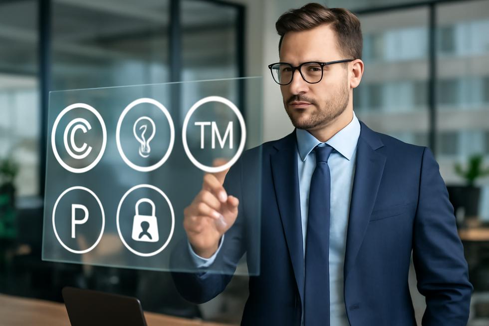 A business owner in an office interacting with digital icons of copyright, patent, trademark, and trade secret representing comprehensive IP protection.