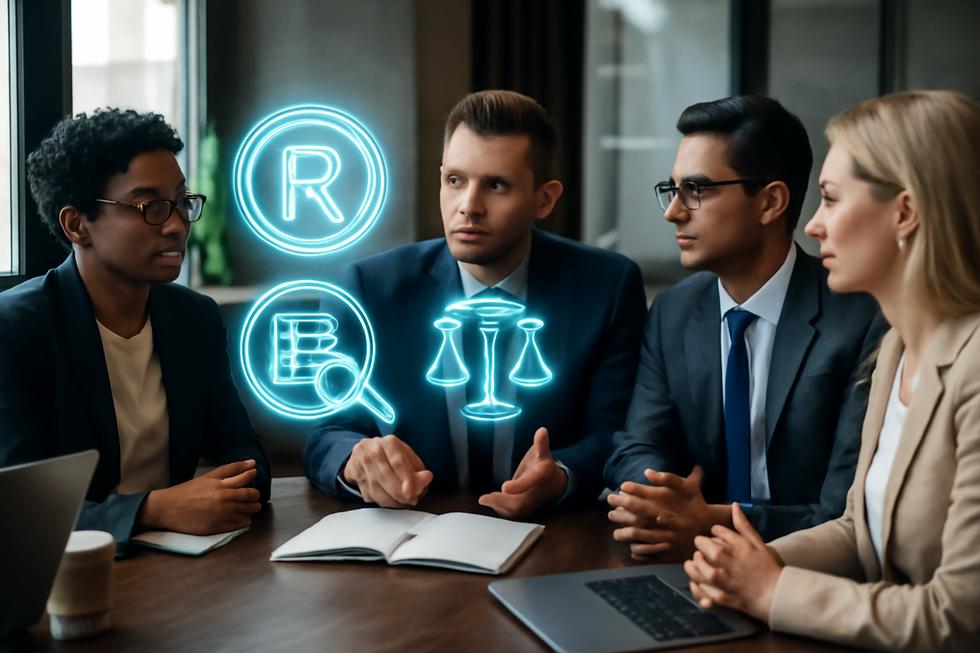 Business owners collaborating around a conference table with visual elements representing trademark registration and validation.