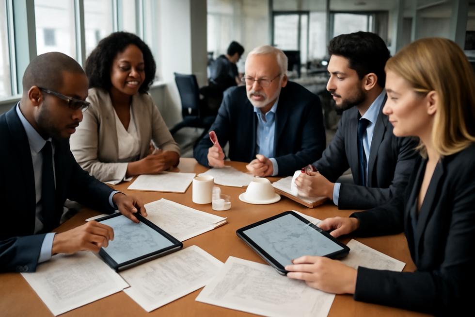 A group of diverse professionals discussing patent documents and innovation prototypes in a modern office.