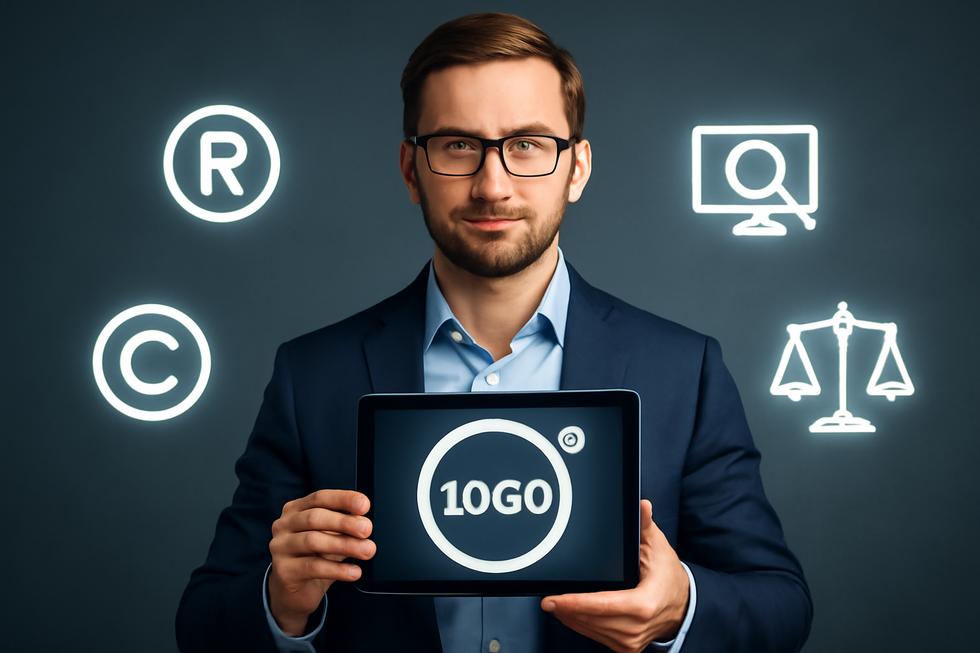 Business owner holding a tablet with a registered logo, surrounded by digital icons for trademark, copyright, monitoring, and legal protection.
