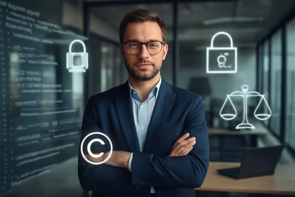 Business owner in office surrounded by digital icons representing software copyright, legal protection, and security.