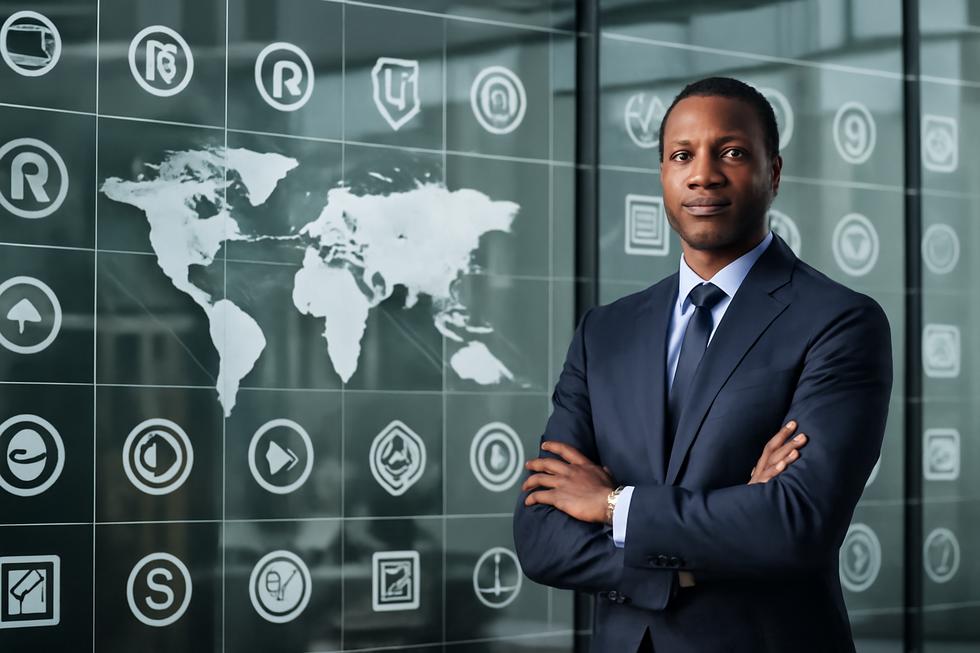 Person standing before a glass wall layered with trademark symbols and maps representing worldwide trademark protection strategy.