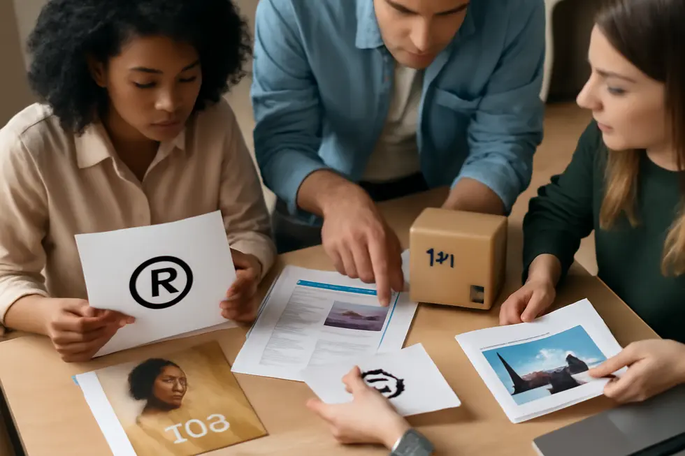 A business owner securing their brand through legal registration with expert guidance and trademark documents.
