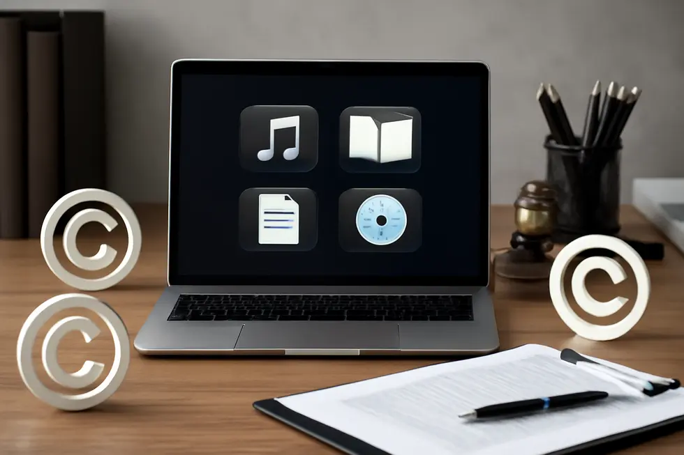 Digital creative works symbolizing copyright protection and business asset security.