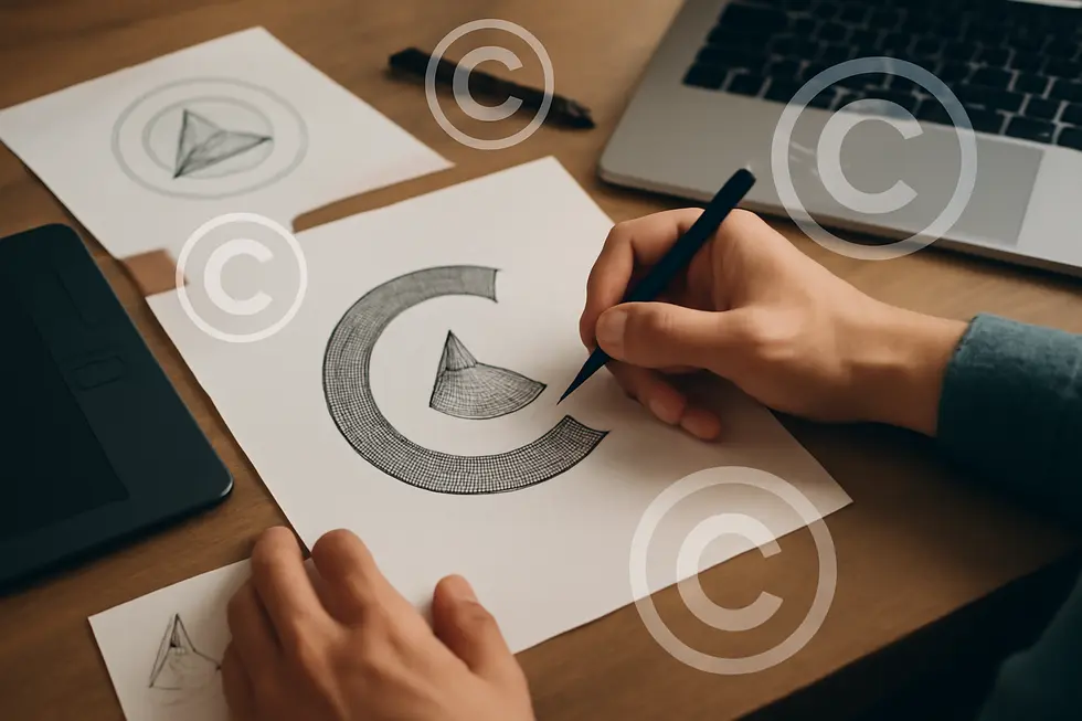 An original logo design being crafted and symbolically protected by copyright.