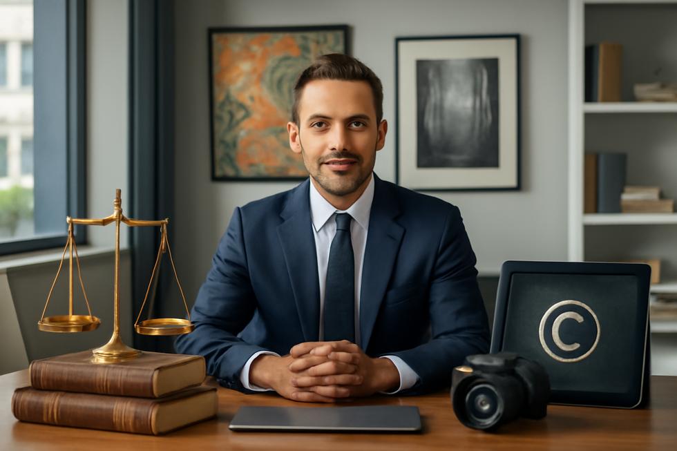 Confident business owner in office with legal books, digital art, and justice scales symbolizing copyright protection.