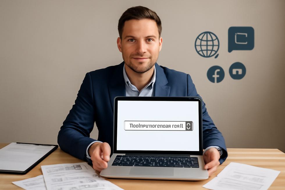 Entrepreneur with laptop showing corporate name search, surrounded by legal paperwork, branding designs, and digital icons.