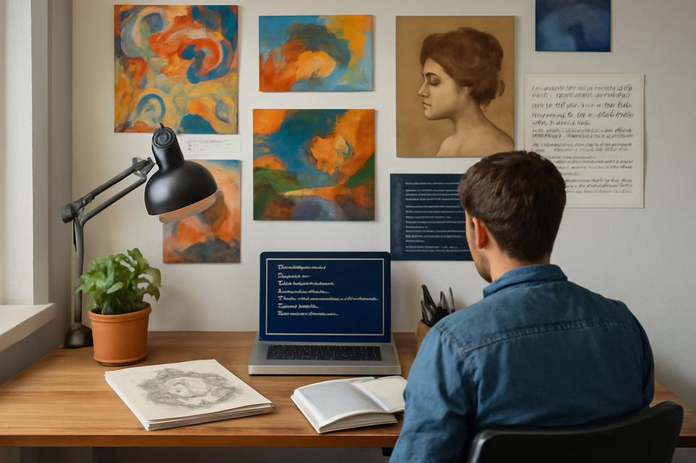 An office workspace filled with diverse creative works illustrating the concept of sample copyright and its importance.