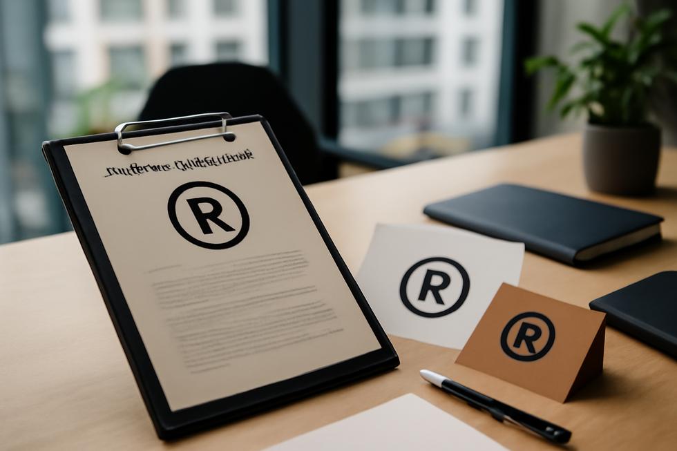 A modern office showcasing a trademark certificate and brand materials, symbolizing the significance of trademark registration.
