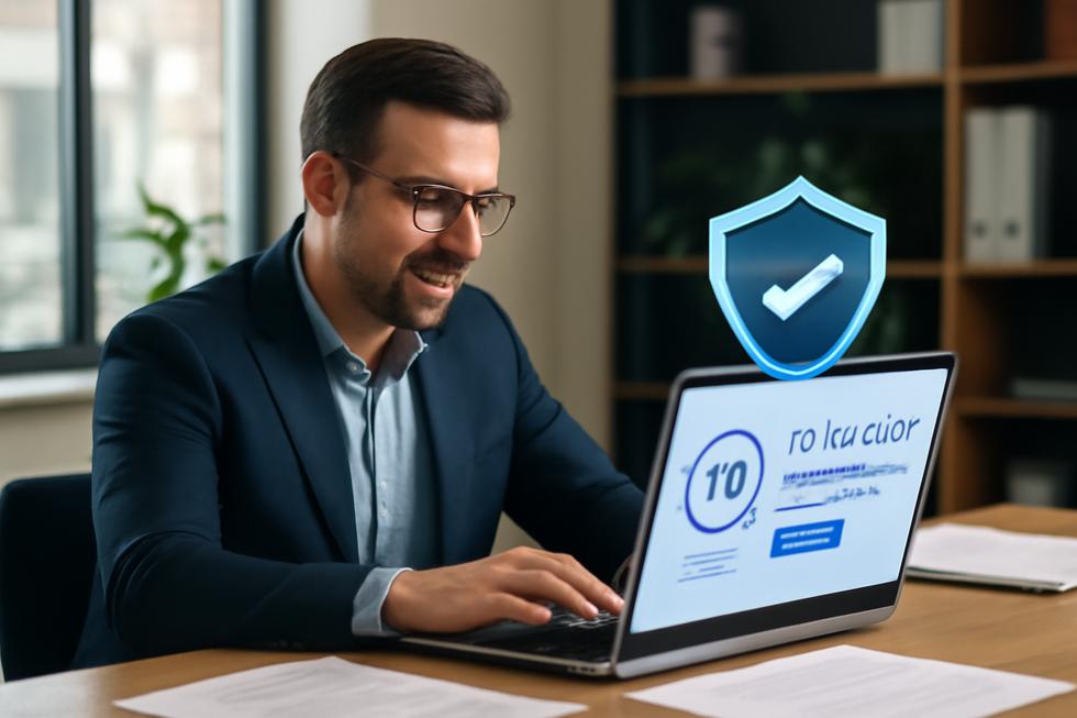 Business owner working on a laptop in an office, accessing trademark services with legal documents and security icons.