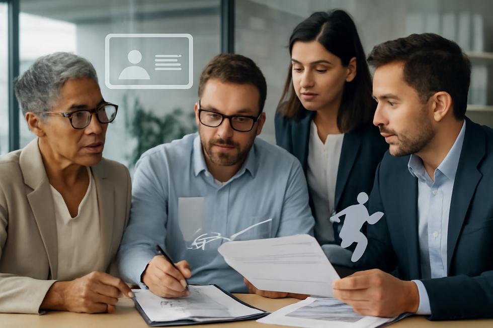 Group of business professionals collaborating with legal documents and personal identity icons in office setting.