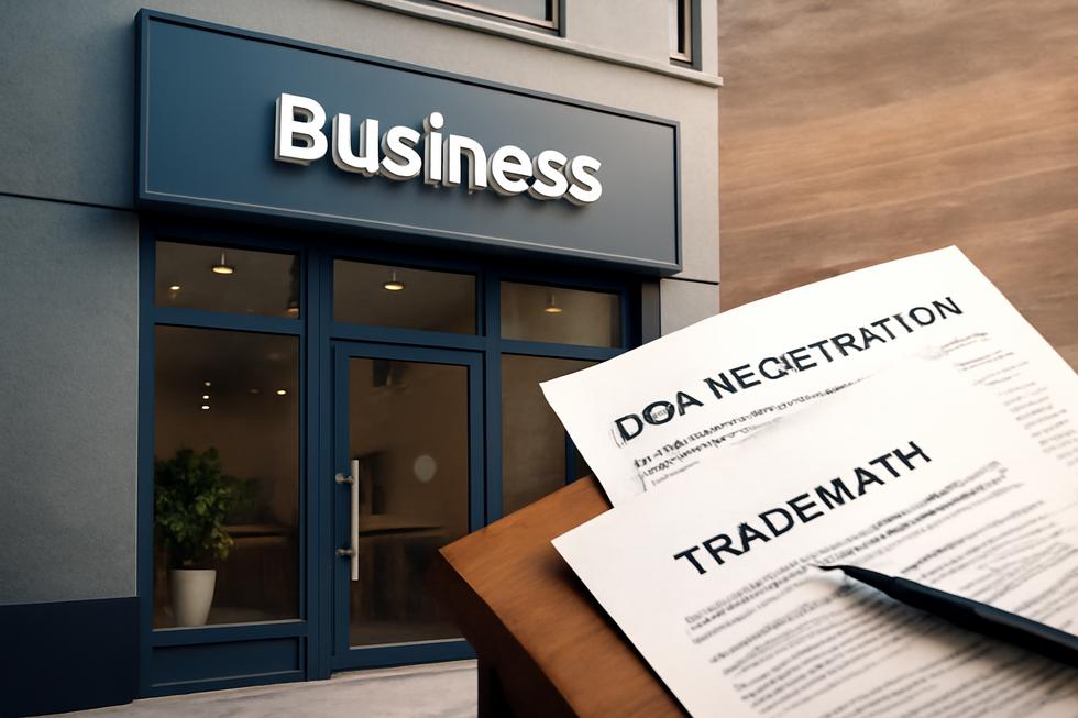Modern small business storefront with trade name signage and legal documents on a desk illustrating DBA and trademark concepts.