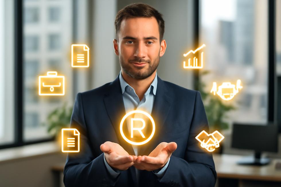 Business owner holding glowing trademark symbol surrounded by icons representing legal protection, economic value, and strategic partnerships.