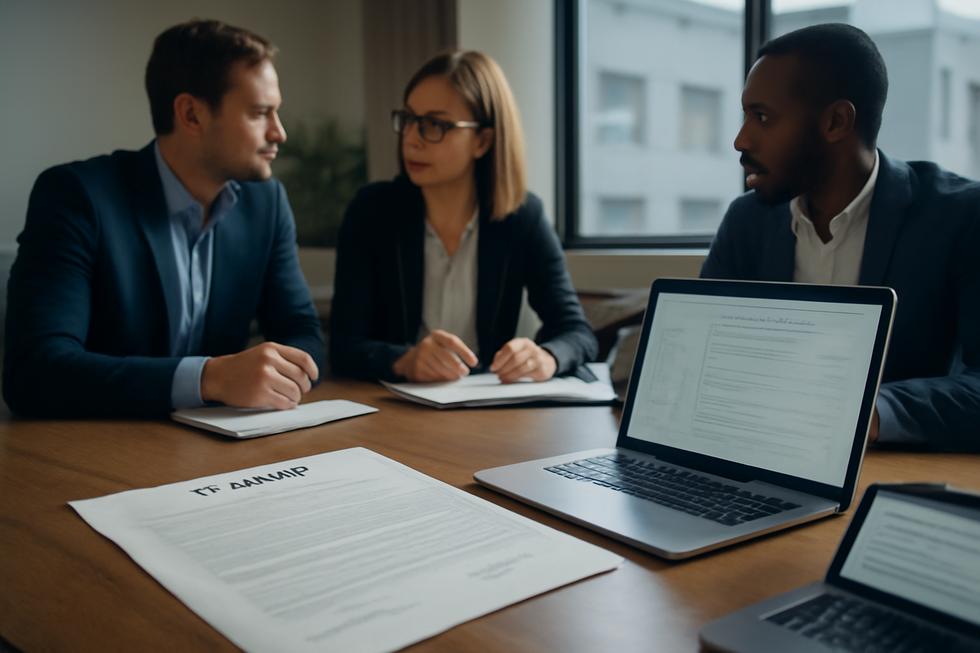 Business team working around a table with patent documents, laptop screens showing intellectual property filings, symbolizing innovation and legal protection.