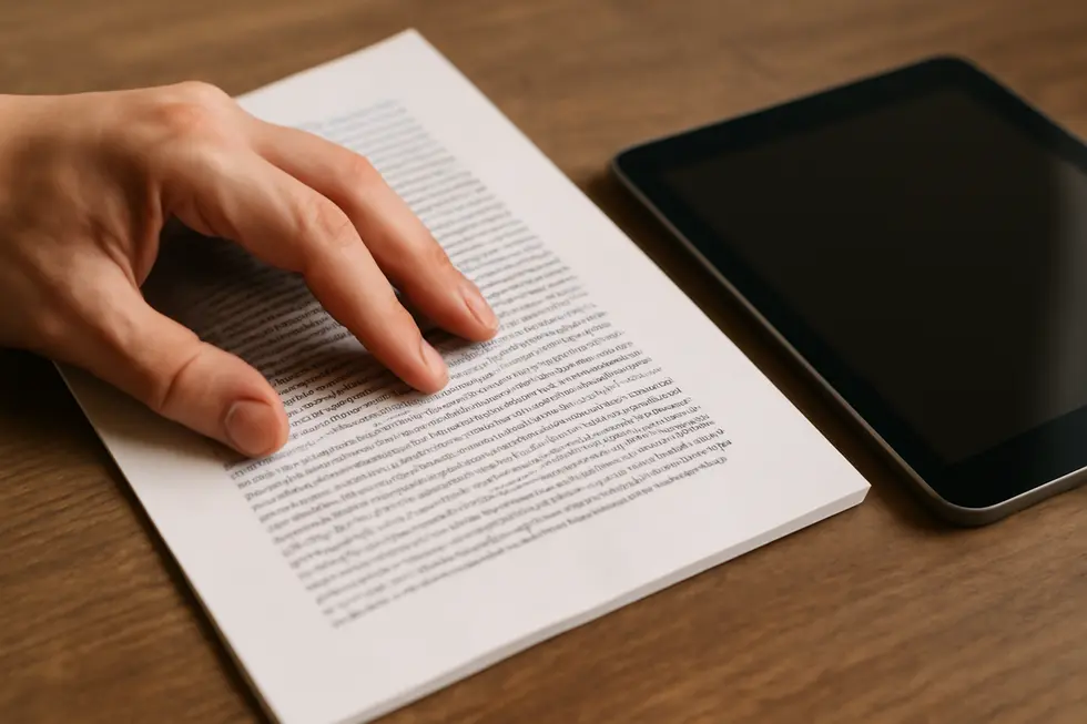 Business owner assessing copyright documents alongside various creative works, illustrating core legal protections.