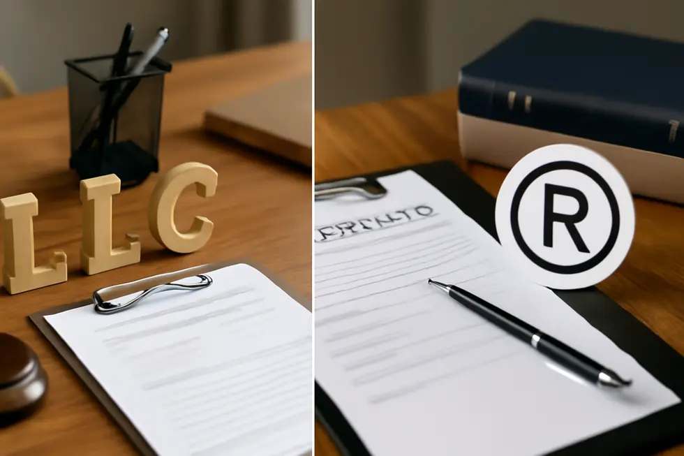 Visual representation of an LLC holding trademark ownership documents emphasizing legal and practical aspects.