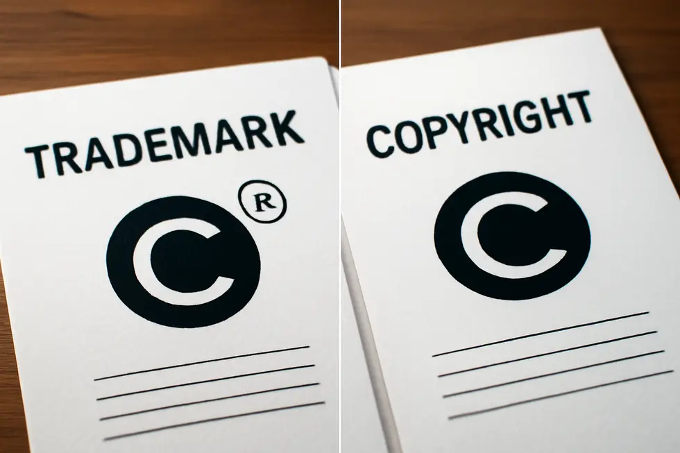Business owner reviewing trademark registrations to protect intellectual property logos as brand identifiers.