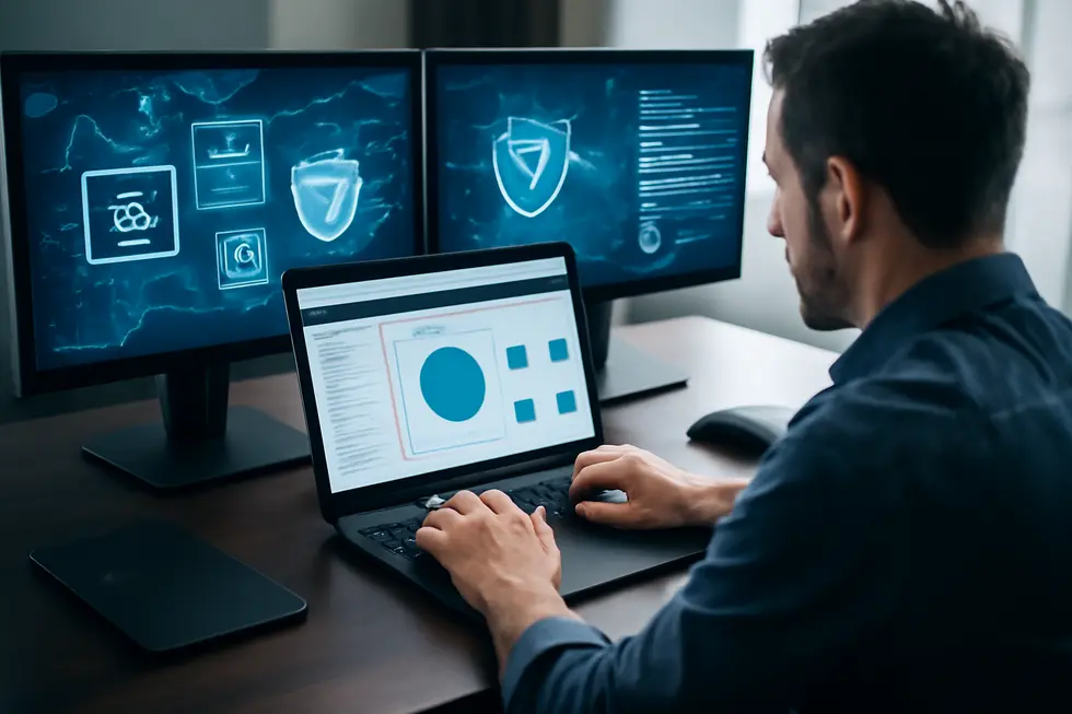 The USPTO building and a business owner engaging in trademark registration highlight federal-level brand protection.