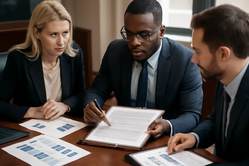 Patent attorney advising a business owner on the legal frameworks governing patents and intellectual property rights.