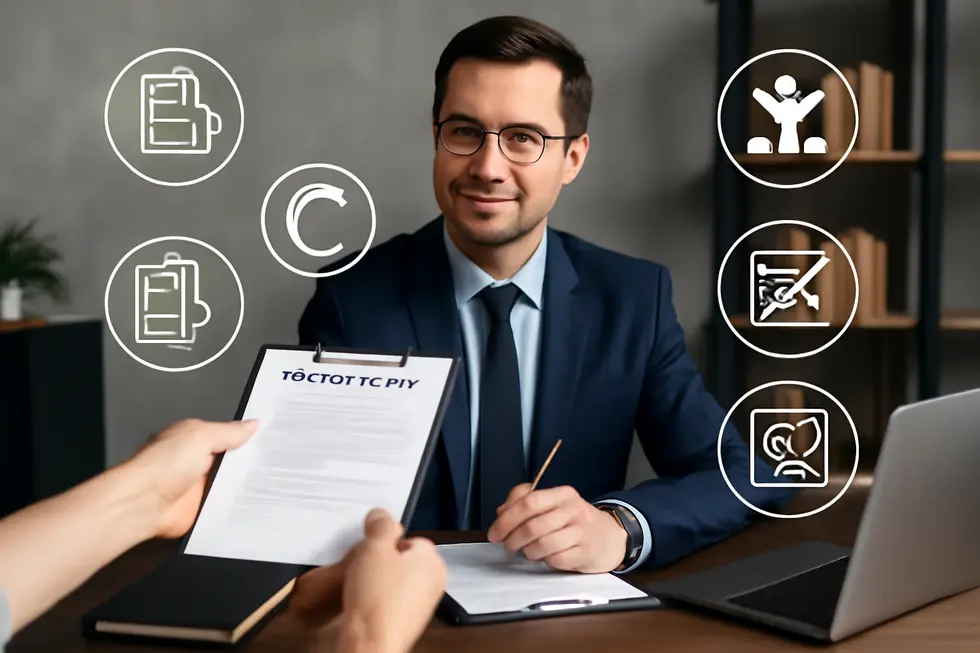 Business owner assessing copyright documents alongside various creative works, illustrating core legal protections.