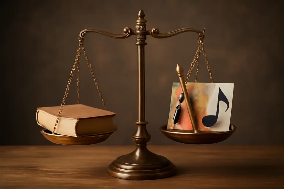 Business owner assessing copyright documents alongside various creative works, illustrating core legal protections.